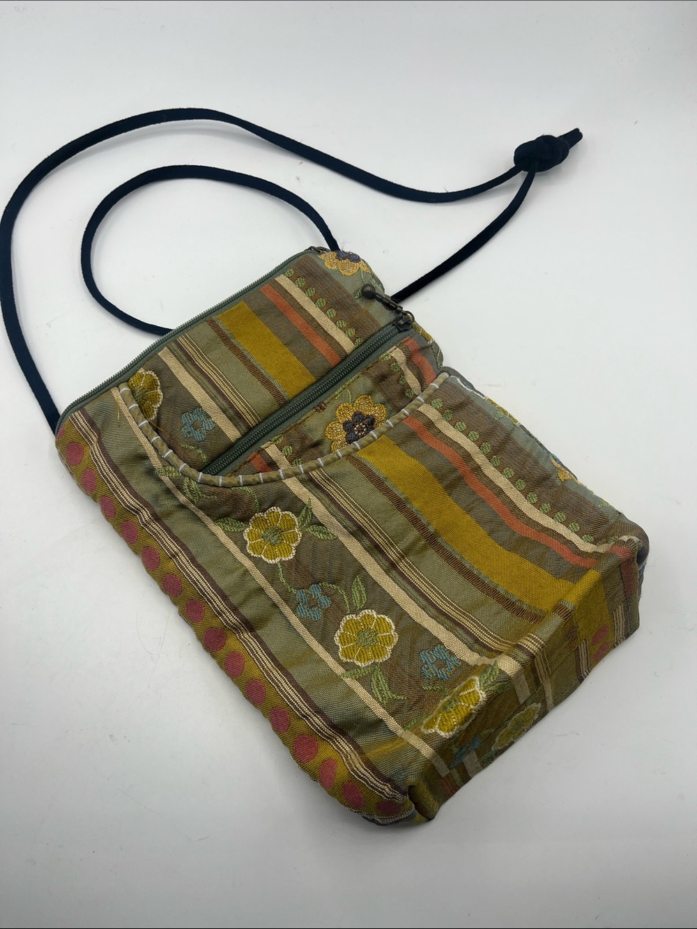 Maruca Embroidered Olive Floral Stripe Crossbody Bag with Adjustable Cord